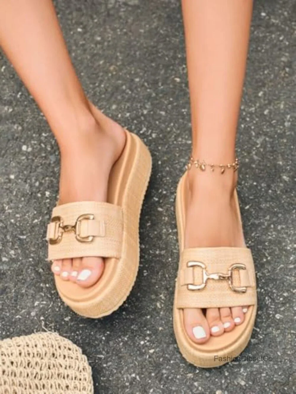 Raffia Espadrilles Platform Sandals with Metal Chain - Slip On Open Toe Summer